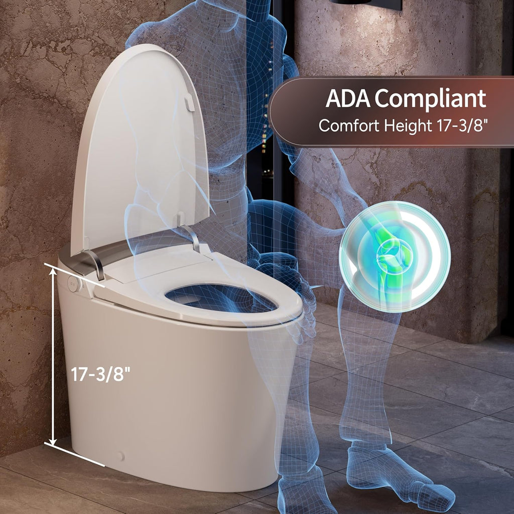 Smart Toilet with Built-In Bidet, Dual Flush, ADA Comfort Height Seat, Powerful Flush, 12" Rough-In, Foot Sensor, Heated Seat, Remote Control, Night Light