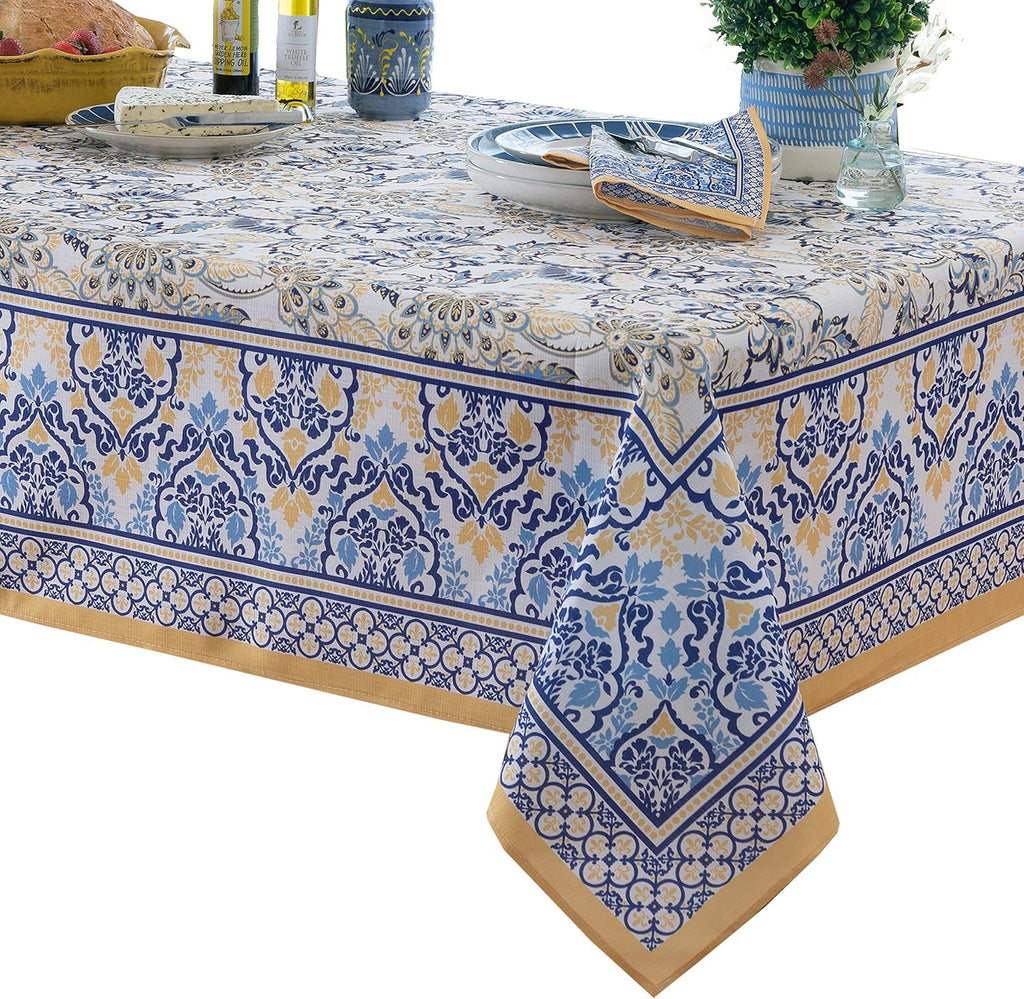 Rectangle Fabric Tablecloth, 60 x 84 Inch, Allure Yellow and Blue Floral Bordered Print, Indoor Outd