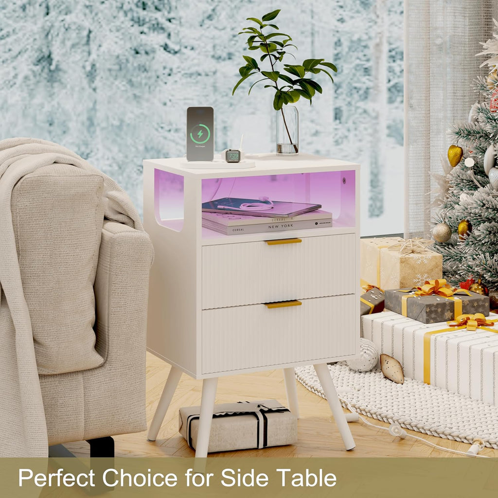 White Nightstand with Charging Station and LED Lights,Modern Bedside Table with 2 Storage Drawer and Open Wood Shelf