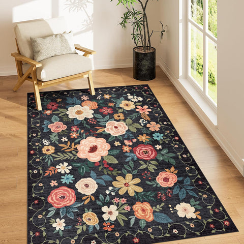 3x5 Washable Floral Area Rug, Lightweight Non-Slip Carpet for Living Room Bedroom Black