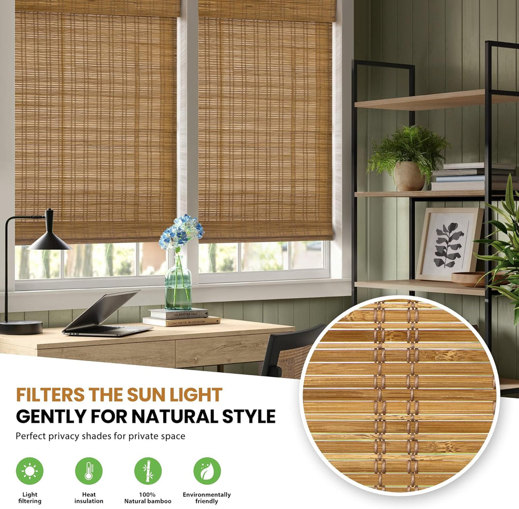 No Drill Bamboo Roman Shades, 22x64, Tuscan B | Light Filtering Window Treatment, No Tools Cordless Roll Up Bamboo