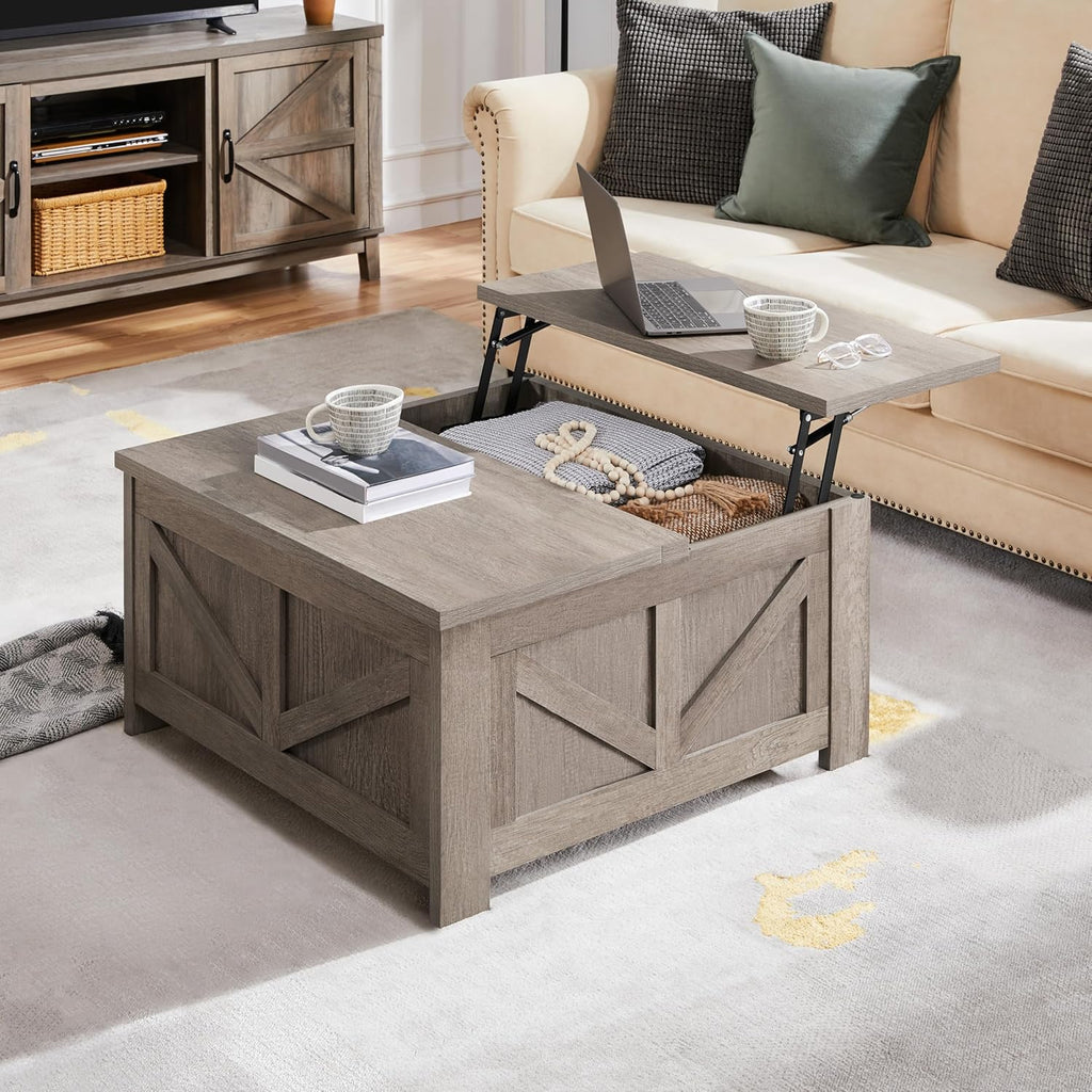 Lift Top Coffee Table, Square Farmhouse Coffee Table with Hidden Storage Compartment, Wood Center Table, Gray