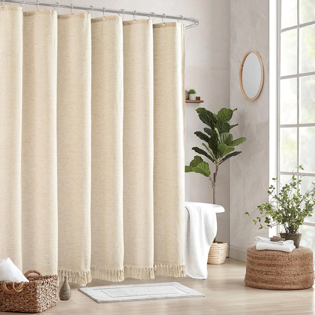 Linen Shower Curtain Boho Beige Shower Curtain with Tassels 72"W x 72"L | Thick linen-poly blend, soft textured