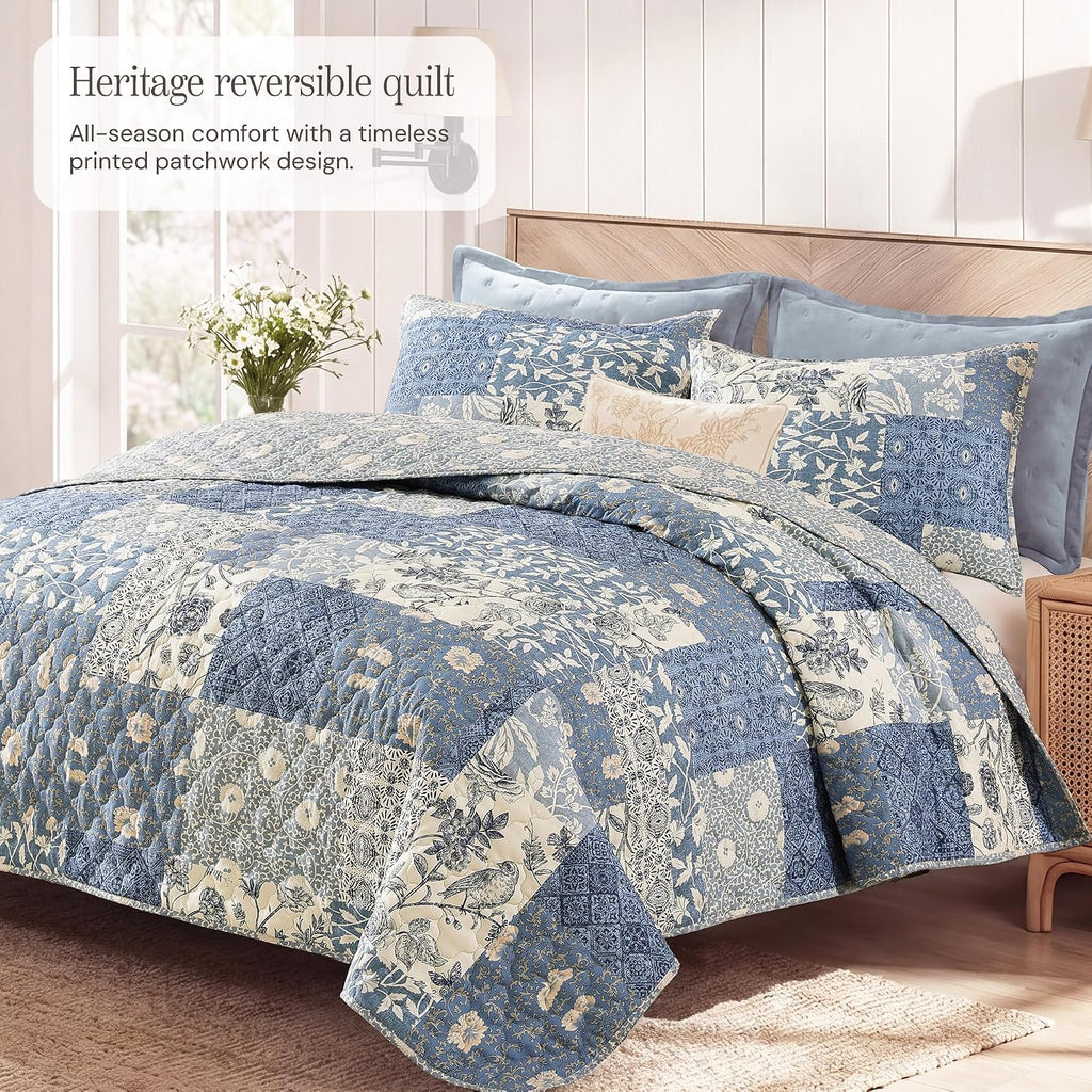 Quilt Set Queen, Patchwork Blue Floral Quilt Sets, Reversible Bedspread Lightweight and Breathable for All Seasons