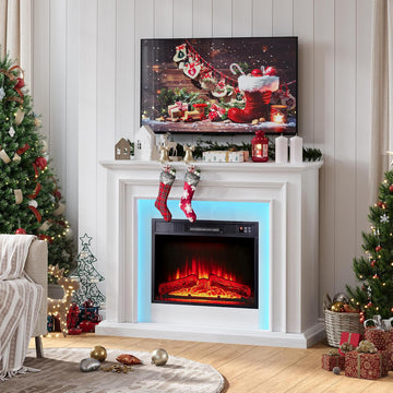 44" LED Lights Electric Fireplace with Mantel, Freestanding Entertainment Center Tv Stand with Fire Place Insert for Living Room, White