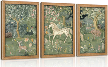 Framed Vintage Woodland Animal Nursery Wall Art Magic Horse Bear Deer Poster Green Fantasy Forest Botanical Pictures - Set of 3