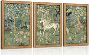 Framed Vintage Woodland Animal Nursery Wall Art Magic Horse Bear Deer Poster Green Fantasy Forest Botanical Pictures - Set of 3