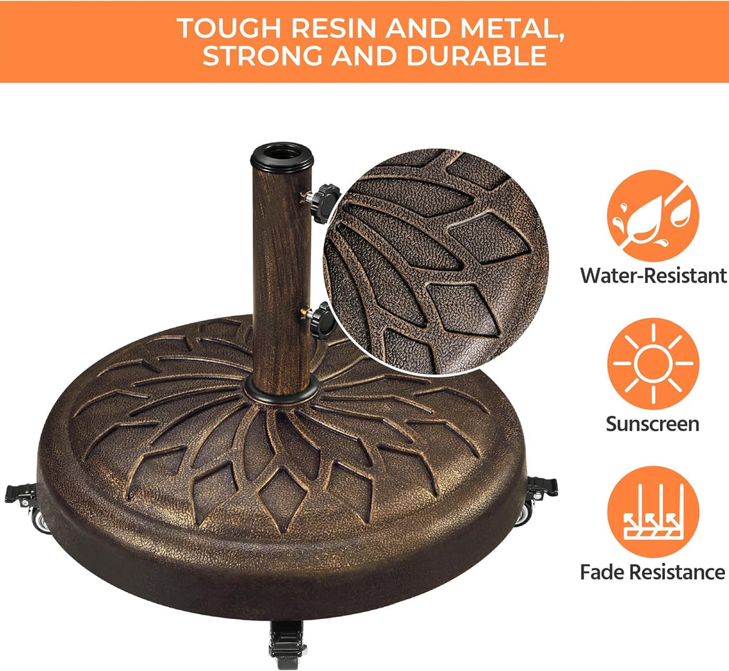 55lbs Heavy Duty Round Umbrella Base with 4 Lockable Rolling Wheels & 2 knobs, Outdoor Antiqued Umbrella Stand
