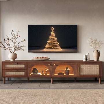 Rattan TV Stand with LED Lights for TVs Up to 90"