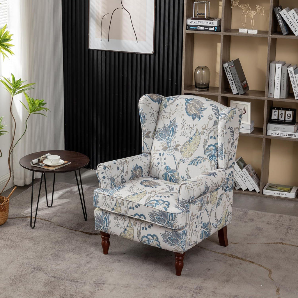 Modern Wingback Accent Chair with Solid Wood Legs and Cushion, Comfy Upholstered Floral Pattern Armchair, Retro