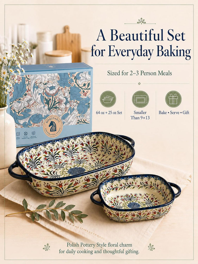 2-Piece Polish Pottery Style Ceramic Dish Set | Large baker for casseroles, baked pasta & roasting; small baker for