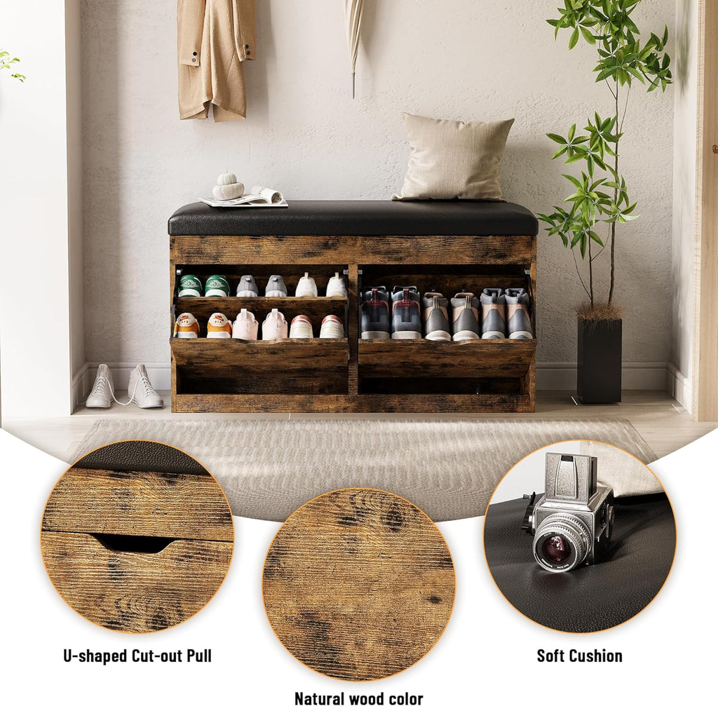 40" Shoe Storage Bench with 2 Flip Drawers & Padded Seat Cushion, Shoe Cabinet with Lift Top Storage Box, Shoe Bench