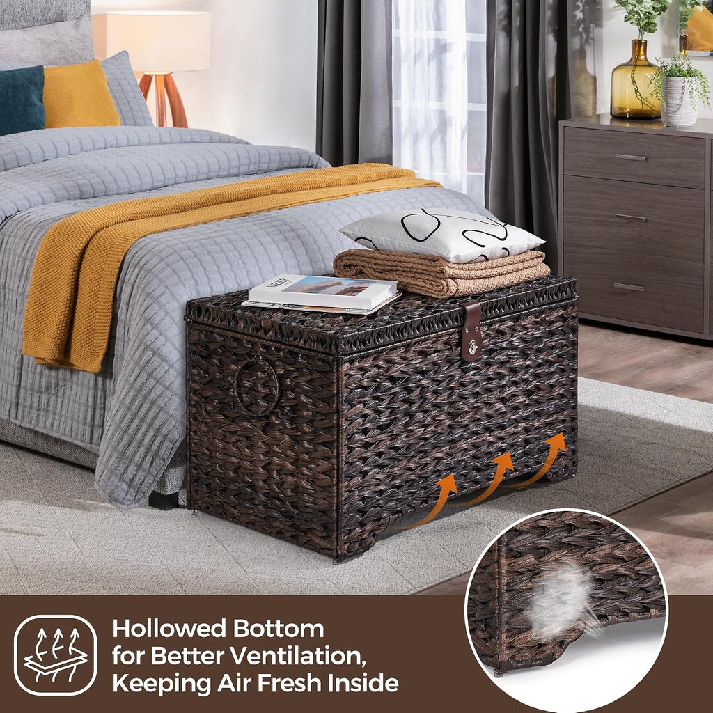 165L Handwoven Wicker Storage Basket with Lid, Large Storage Trunk | Leather Buckle Closure; Waterproof PP Wicker;