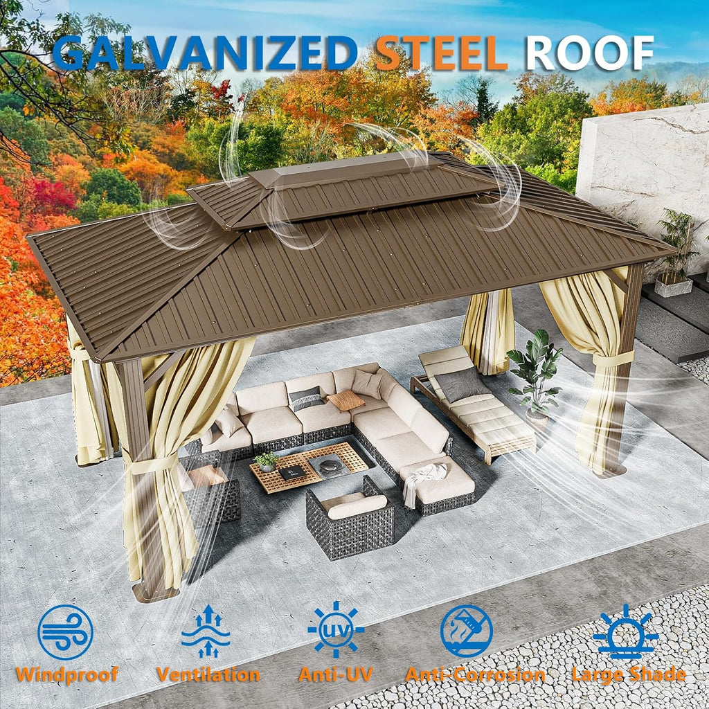 10x15 Hardtop Gazebo On Clearance with Heavy Duty Galvanized Steel Metal Roof - Brown
