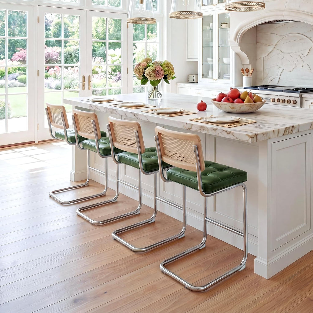 Natural Rattan Bar Stools Set of 2, Modern Counter Height Stools with Solid Wood Back, 26'' Counter Height Chairs