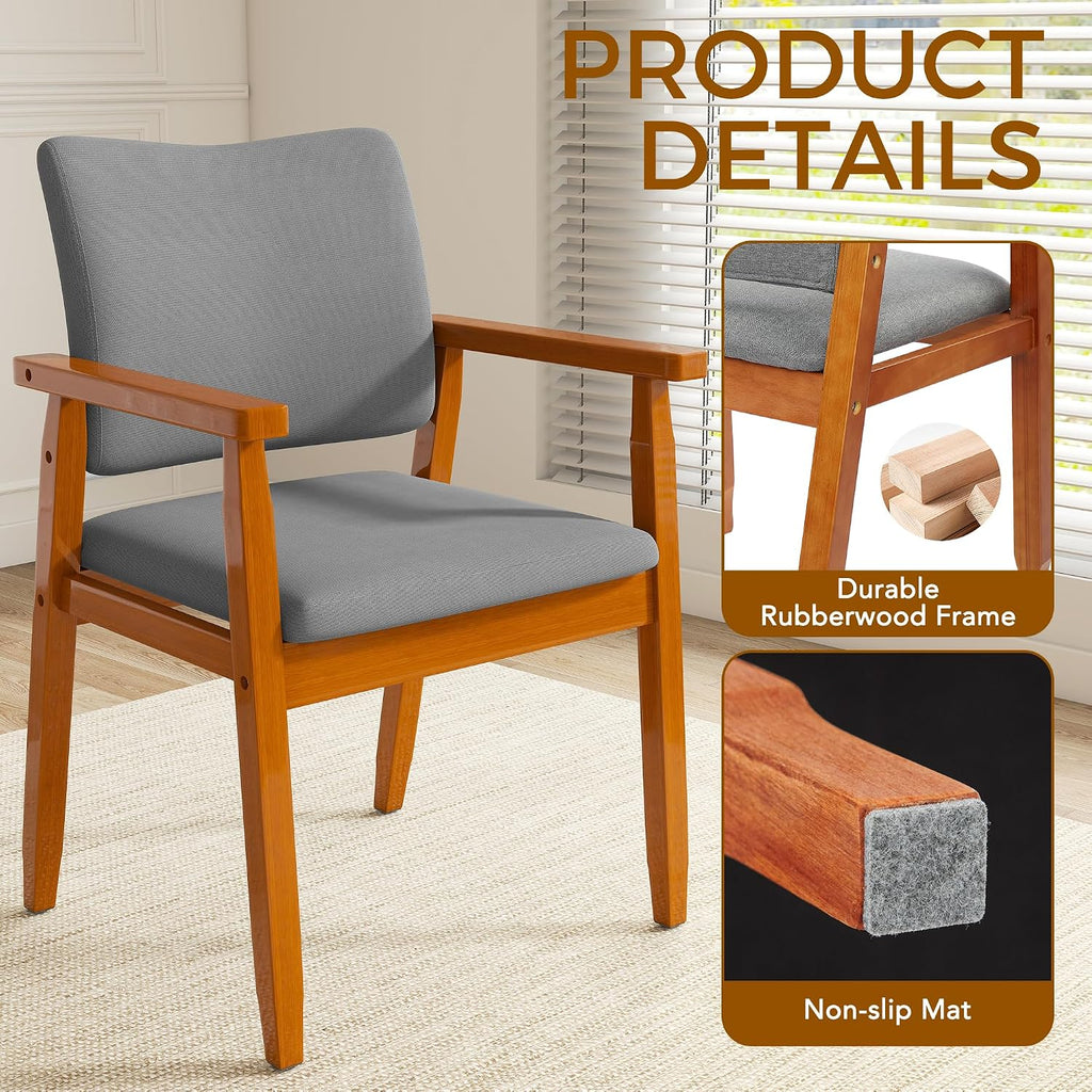 Mid Century Modern Walnut Dining Chairs Wood Arm Grey Fabric Kitchen Cafe Living Room Decor Furniture