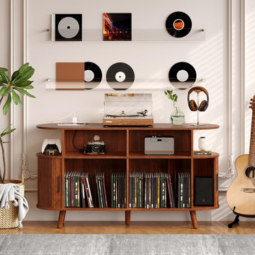 55'' Fluted Mid Century Modern Turntable Cabinet with Vinyl Storage, Large Round Record Player Stand with Charging