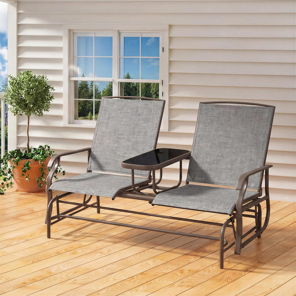 Outdoor Glider Bench Patio Loveseat with Table, Gray | Steel frame, Texteline fabric and tempered glass table provide