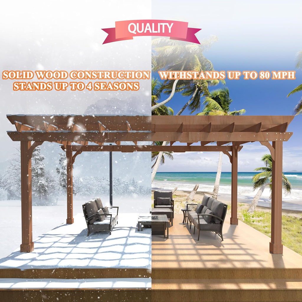 12 x16 FT Wooden Pergola, Cedar Wood Gazebo with Flat Roof, Outdoor Garden Shelter with Stakes Included