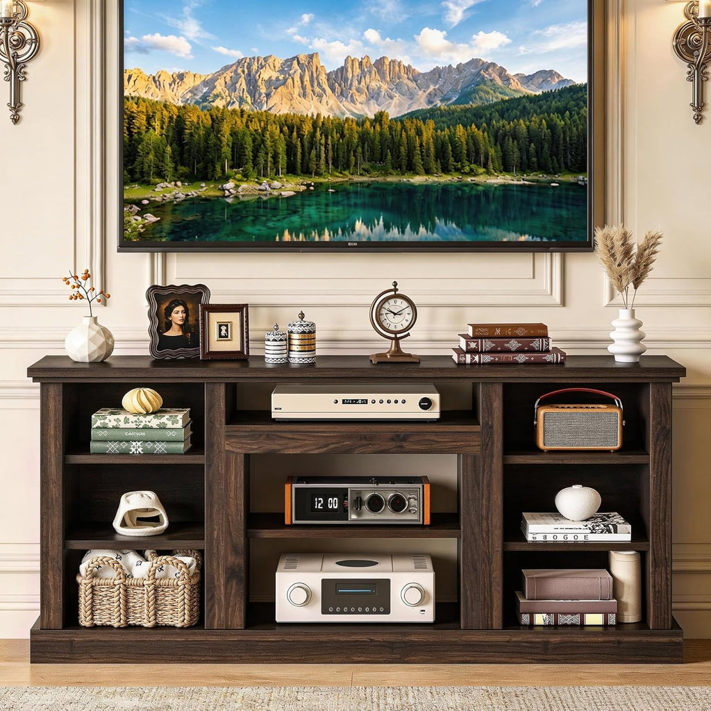 Farmhouse TV Stand for 75/80 Inch TVs, Entertainment Center with Adjustable Shelf & Open Storage, TV Console Table