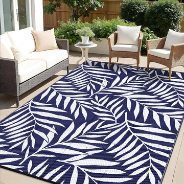 Outdoor Rug 9x12 ft Waterproof Reversible Leaf Mat, Navy & White