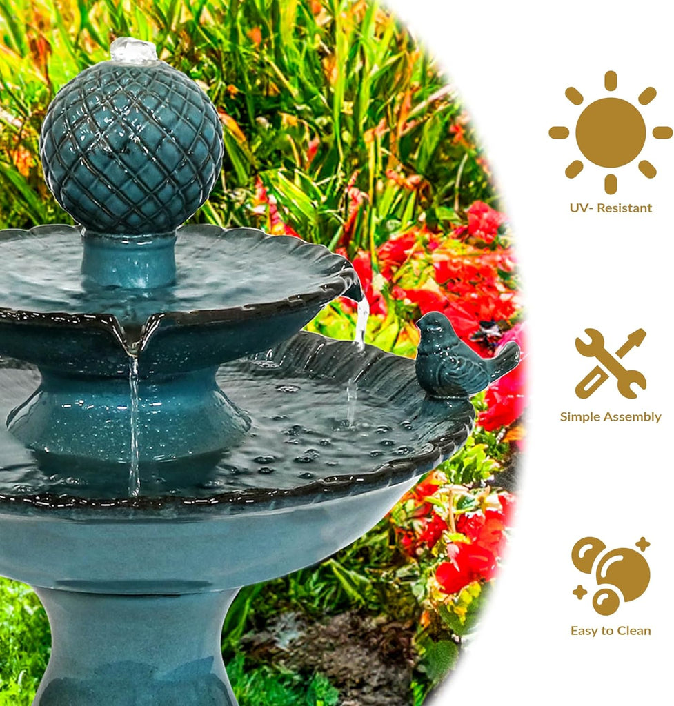 27" H 2-Tier Ceramic Water Fountain - Outdoor Water Feature - Garden Fountain - Blue