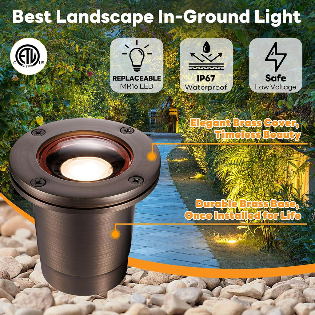Brass Well Light - IP67 Waterproof Low Voltage In-Ground Outdoor Light, 12V LED Landscape Lighting, Antique Bronze