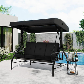 3 Seater Outdoor Porch Swing with Stand for Adults, 2-in-1 Convertible Design Patio Swing, Thick Soft Cushion &