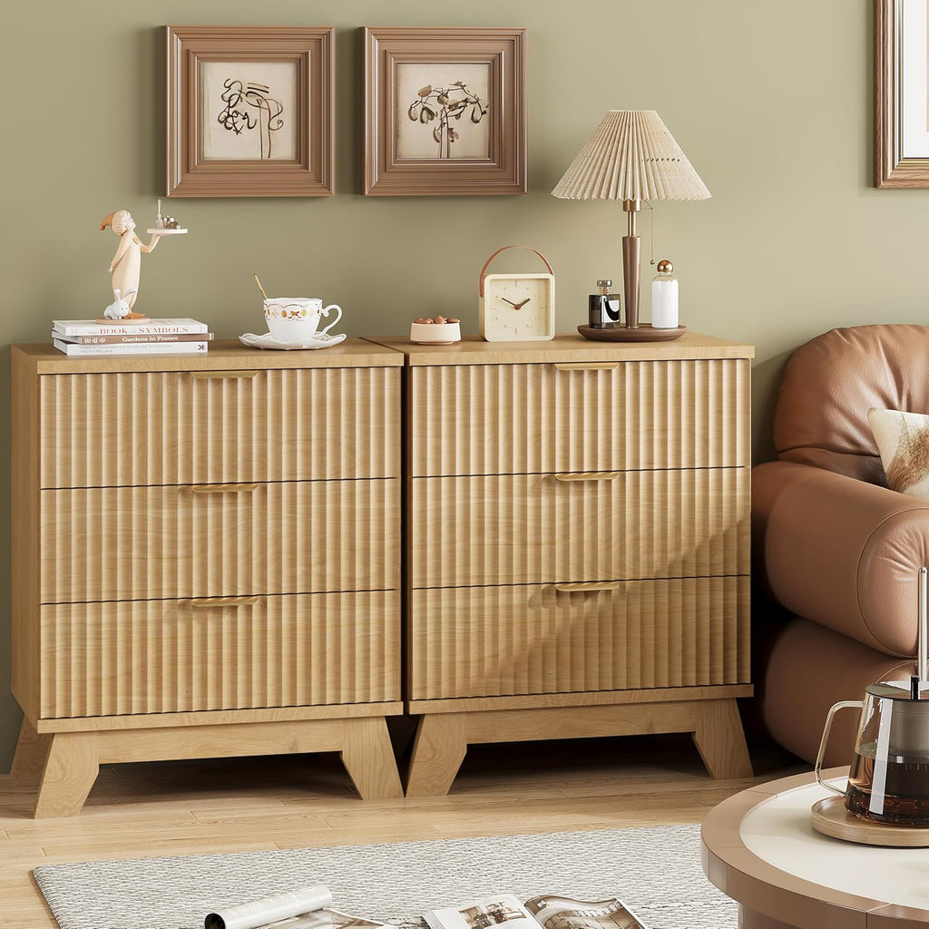 Fluted Nightstand, 24" Wide Side Table with 3 Large Storage Drawers, Mid Century Modern Wood Night Stand with Metal