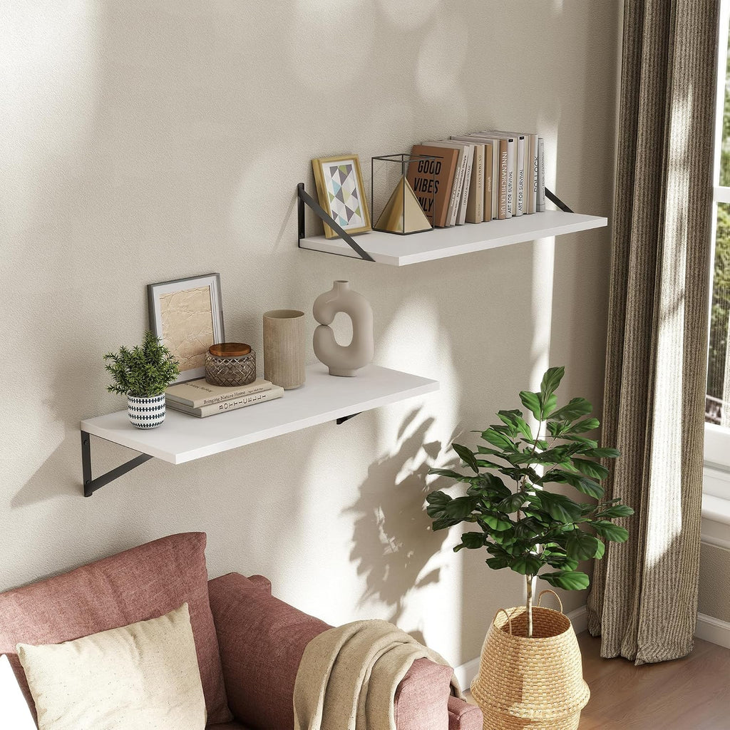 Deep Floating Shelves Wall Mounted, 30"x12" White Wall Shelves with Brackets Set of 2 - Storage & Display Shelf for