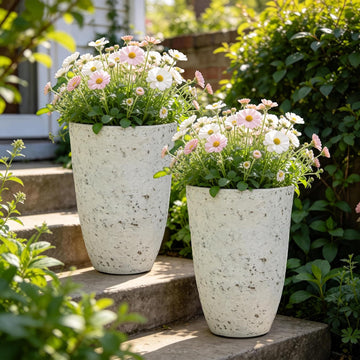 19.5" Resin Tall Planters for Outdoor Plants, Set of 2 Flower Pots | Country White Large Outdoor Planters With Birch