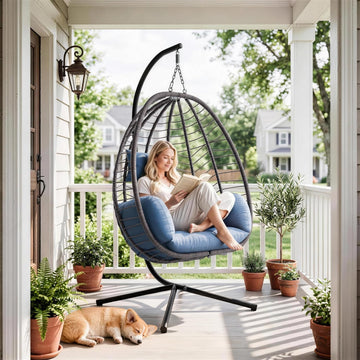 Foldable Egg Chair with Stand, 485LBS Capacity Wicker Rattan Hammock Swing Chair for Outdoor & Indoor, Patio Hanging