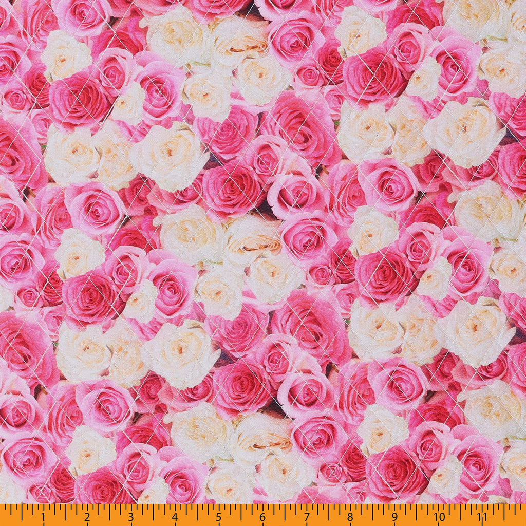 Double Faced Quilted Cotton, Roses/Dots Pink/White