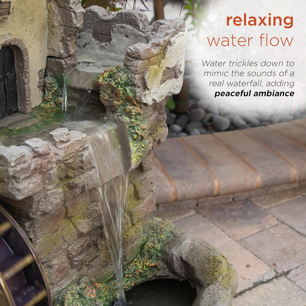USA1164 Outdoor Floor Tiered Fairy Castle Waterwheel Water Fountain with Realistic Stone Look, 35", Brown