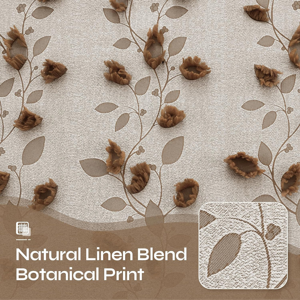 Brown Linen Curtains, Fall Boho Jacquard Leaf Botanical Pattern with Pom Pom Elegant Luxury Soft Farmhouse Vintage