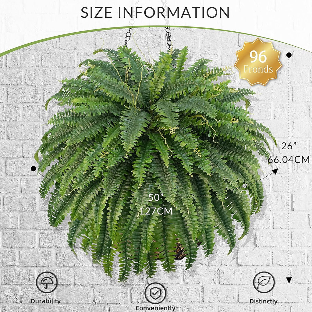 50" Artificial Boston Ferns, Fake Bush Plants, Large Faux Ferns with 96 Fronds for Outdoors Home Decor