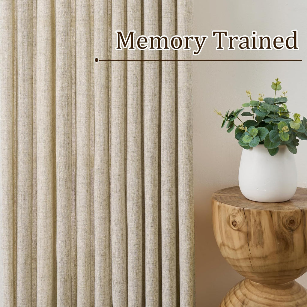 Beige Sheer Pinch Pleated Curtains 96 Inches Long 2 Panels,Back Tab Pleated Drapes Hooks Thick Linen Textured Boho