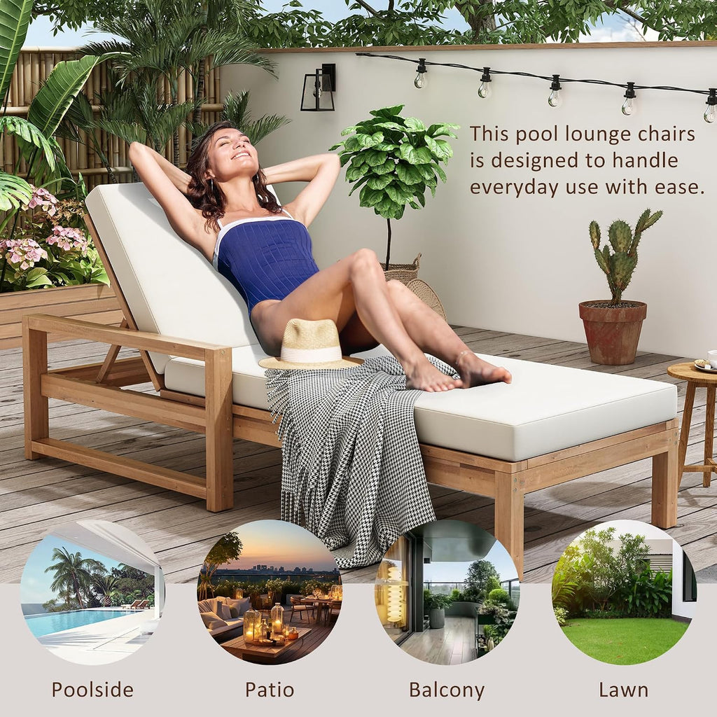 Acacia Wood Outdoor Chaise Lounge Set of 2, Patio 5-Postion Lounge Chairs with Adjustable Backrest & Beige Cushions