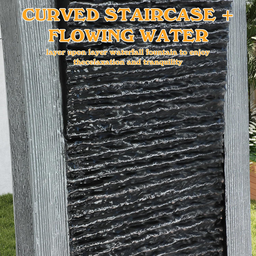 49.6" H Modern Curved Faux Slate Waterfall Fountain, Outdoor Freestanding Fountains with LED Lights and Pump
