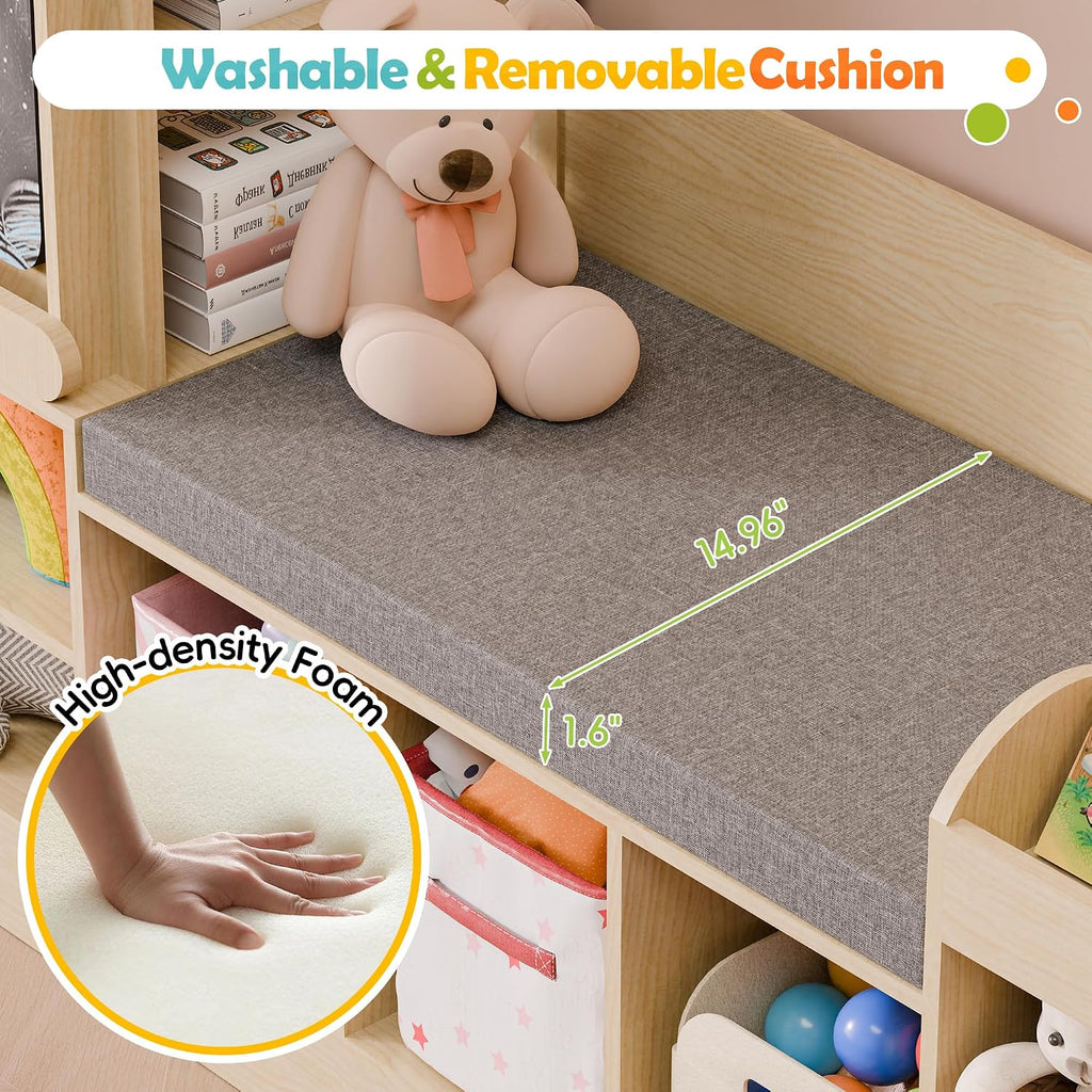 Kids Bookshelf with Reading Nook, Wooden Toy Storage Organizer with Chalkboard and Bench, Kids Reading Nook for