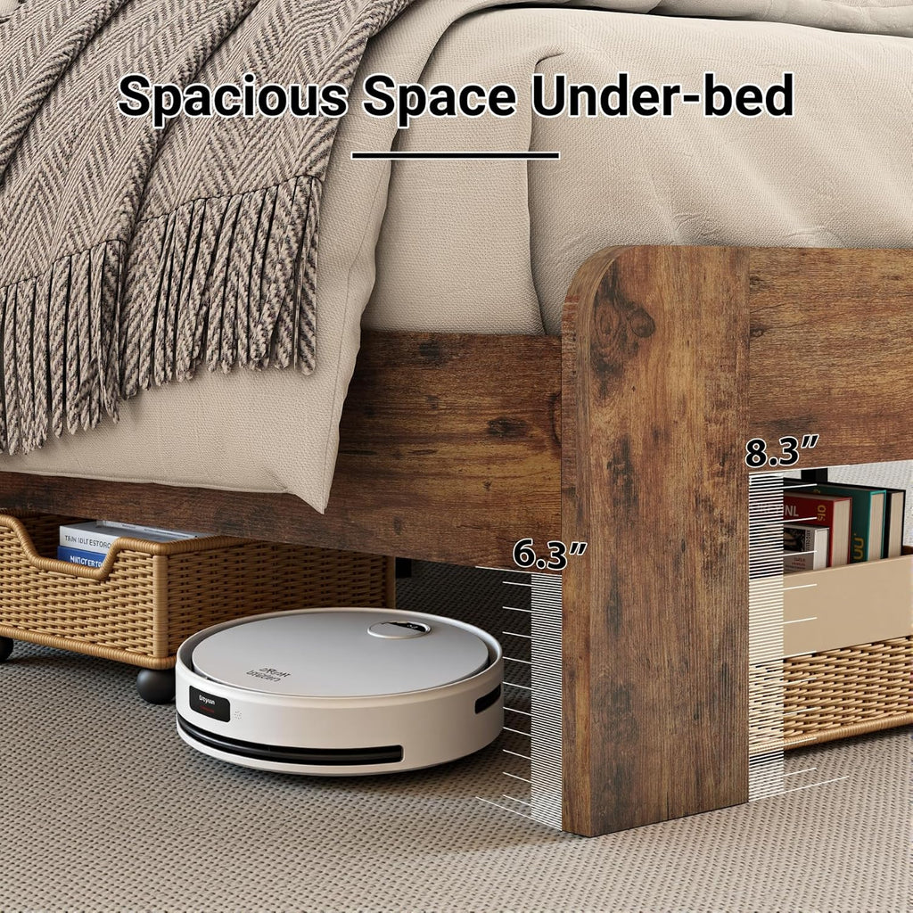 Wooden Queen Bed Frame with Storage Headboard, Rustic Farmhouse Platform Bed Frame Queen with Charging Station & LED