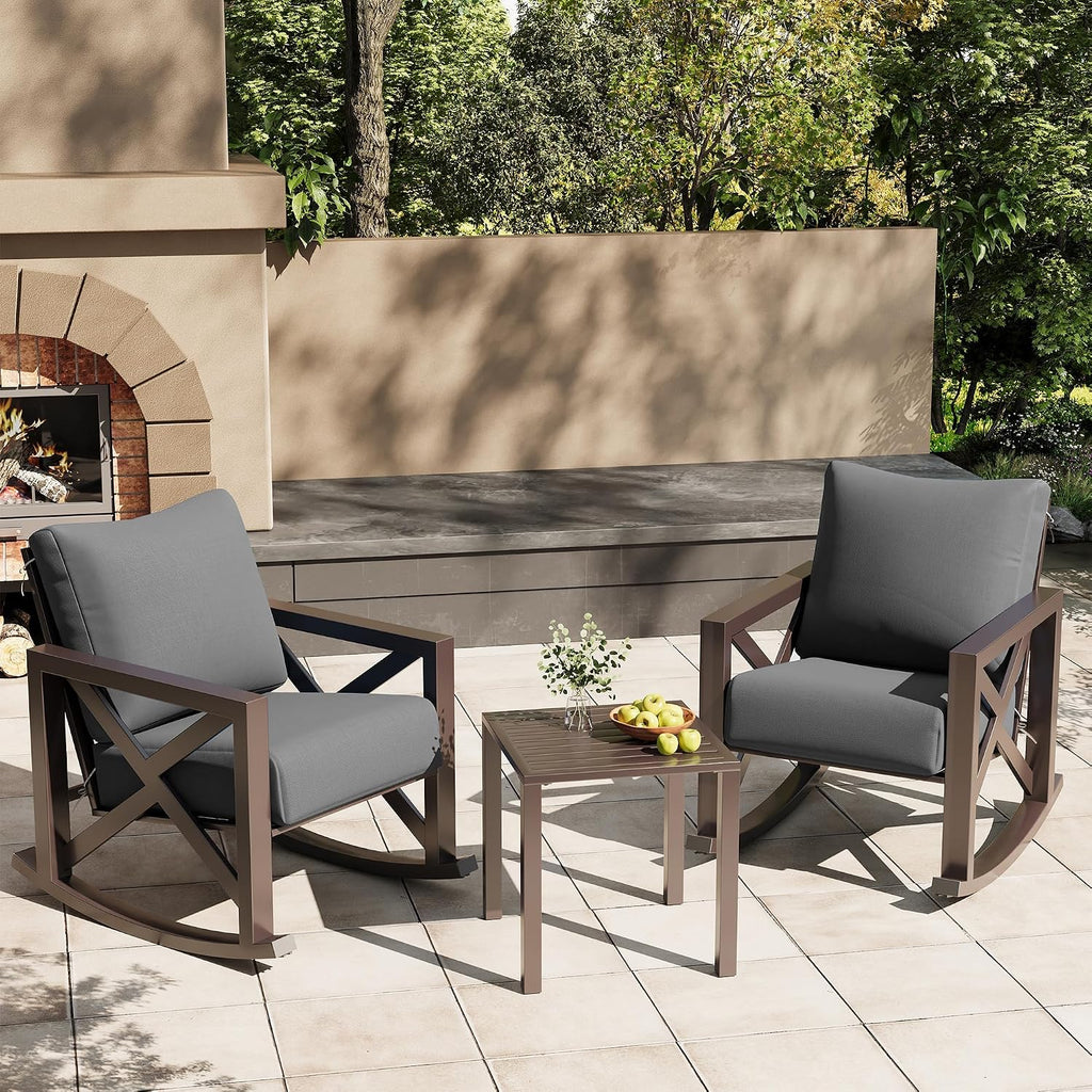Rocking Chair Outdoor Set 2 w/Coffee Table, 3 Pc Metal Bistro Set | Metal Rocking 6.5" Water-Resistant Cushions