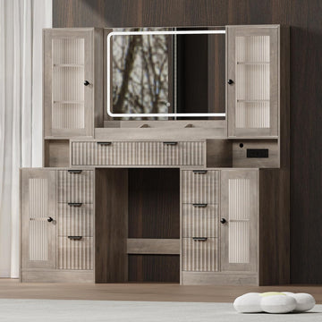 Fluted Makeup Vanity Desk with Mirror and Lights, 55" Glass Top Vanity with 8 Drawers & 4 RGB Glass Cabinets