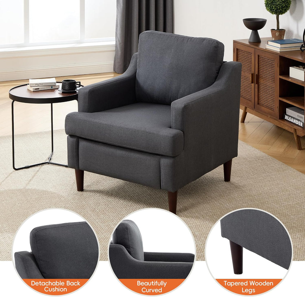 Mid-Century Accent Chair Modern Linen Fabric Armchair ,Comfy Upholstered Reading Chairs ,Single Sofa Chair with Wood