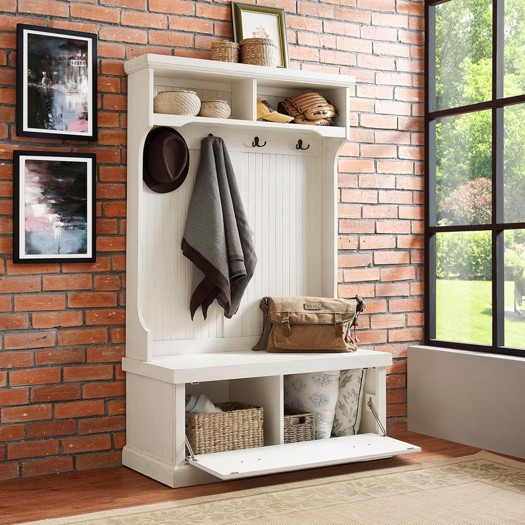 Seaside Hall Tree with Shoe Rack Bench and Coat Hooks for Hanging Storage, Distressed White