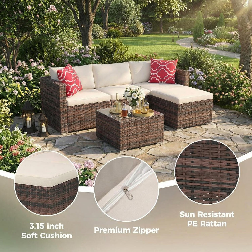 5-Piece L-Shaped Outdoor Patio Furniture Set, PE Wicker Sectional Sofa Set with Cushions and Tempered Glass Table
