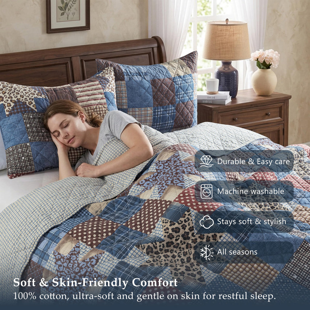 100% Cotton Reversible Patchwork Quilt Set, Leopard