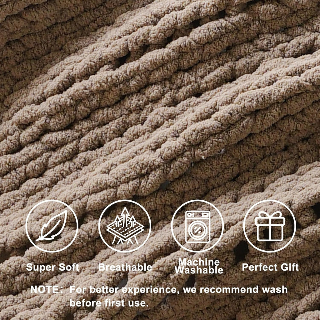 Beige Chunky Knit Throw Blanket, Soft and Thick Taupe Chenille Throw Blanket, 50"x60" Handmade Cable Knit Crochet