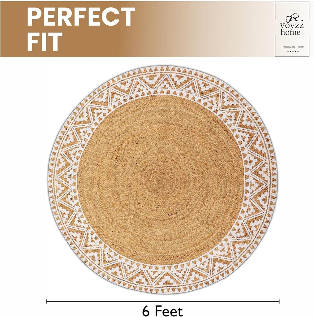 Premium Natural Jute Braided Area Rug, 6-feet Round, White Printed Border, Stain Resistance, Natural