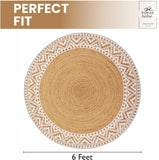 Premium Natural Jute Braided Area Rug, 6-feet Round, White Printed Border, Stain Resistance, Natural